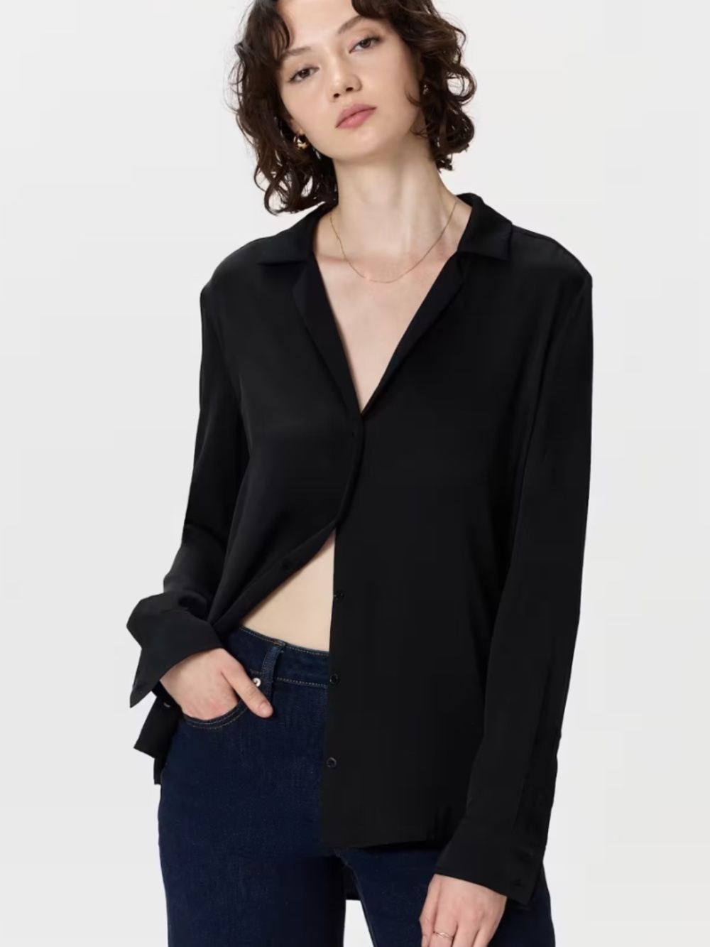 Brand New Quince Washable Stretch Silk Notch Collar Blouse Black XL Career